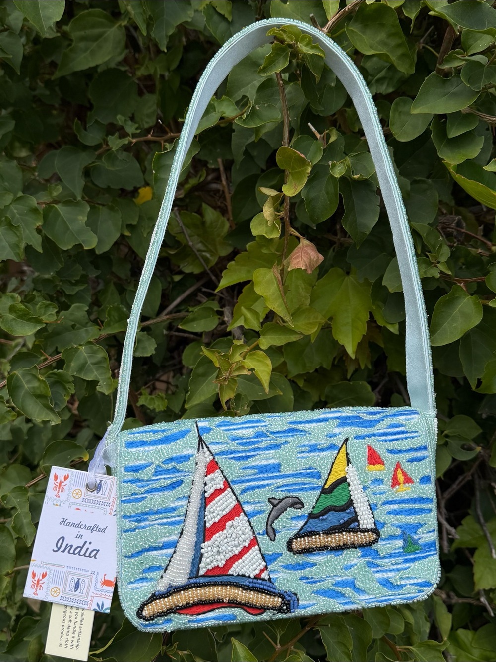 NWT Made in India Sailboat Boats Dolphin Ocean Beaded Shoulder Bag